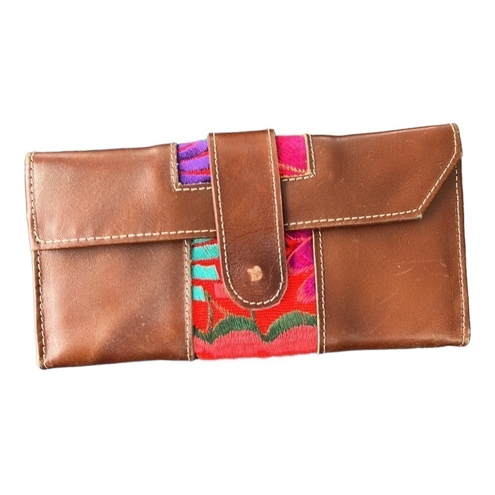 Large brown leather wallet embroidered floral detail 9x3.5